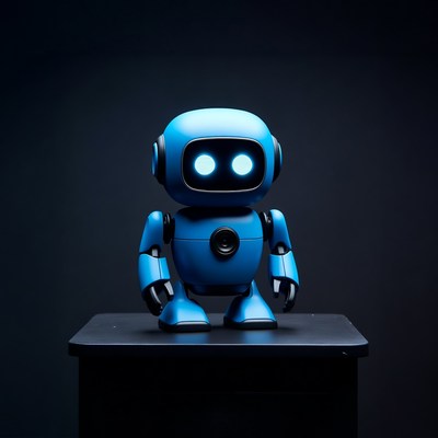 Blue glowing robot on black surface