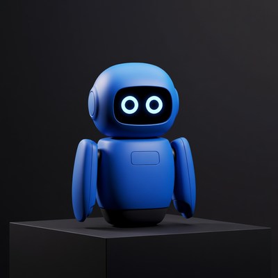 Blue robot on black pedestal