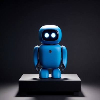 Blue robot on black pedestal