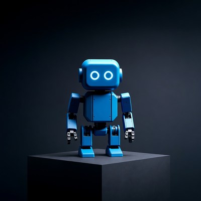 Blue robot standing on platform