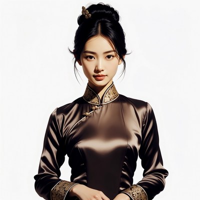 Asian woman in brown qipao