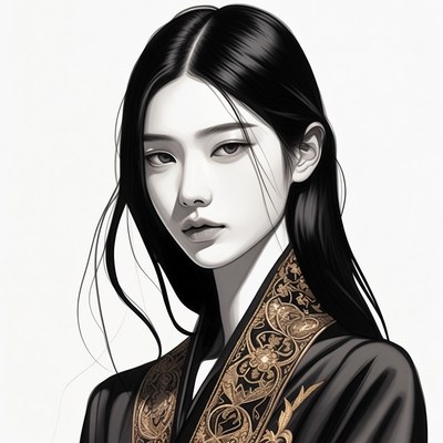 Asian woman in ornate black hanbok