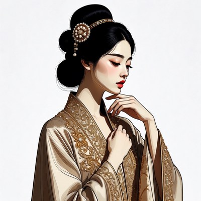 Asian woman in gold qipao