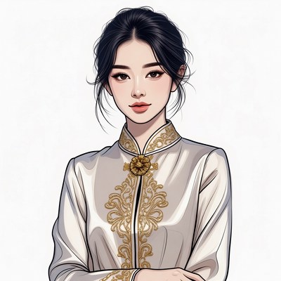 Asian woman in gold-embroidered cheongsam