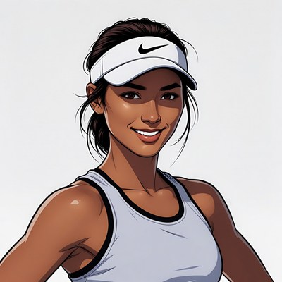Smiling Asian woman in Nike tennis outfit