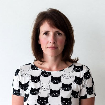 Woman in black and white cat shirt
