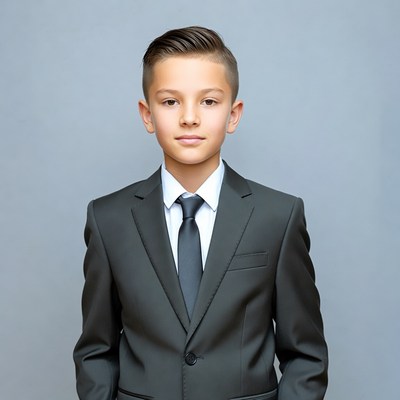 Young boy in gray suit