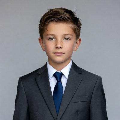 Young boy in gray suit and blue tie
