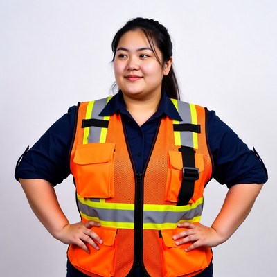 Asian woman in orange safety vest