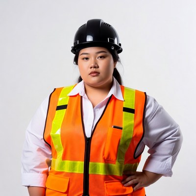 Asian woman in hard hat and safety vest