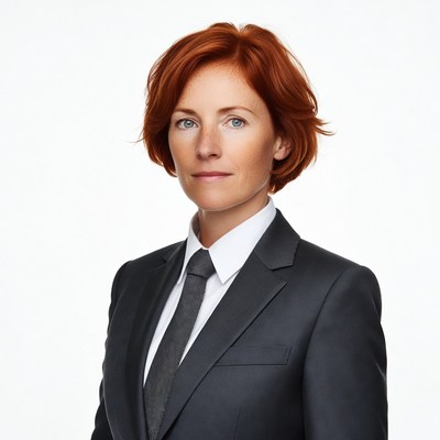 Redhead woman in suit and tie