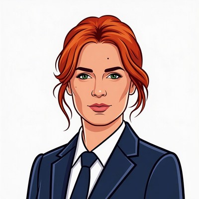 Redhead woman in navy suit