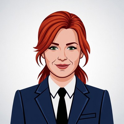 Redhead woman in navy suit