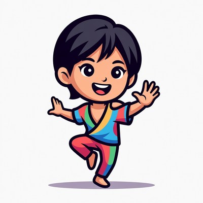 Cartoon Asian boy waving happily
