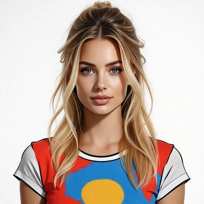 Blonde woman in colorful shirt