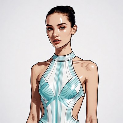 Woman in futuristic turquoise dress