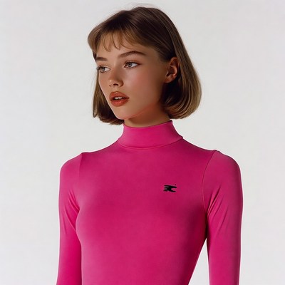 Woman in pink turtleneck