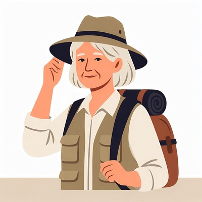 Elderly woman adventurer with backpack