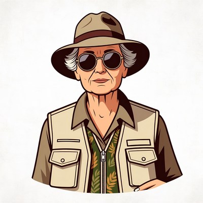 Elderly woman in safari hat and vest