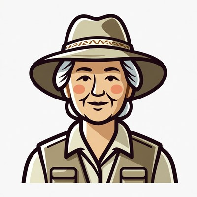 Elderly Asian woman in safari hat