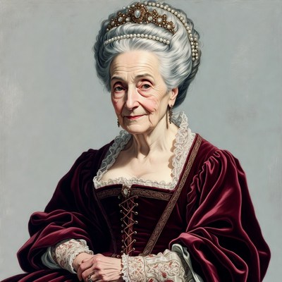 Elderly woman in red velvet gown