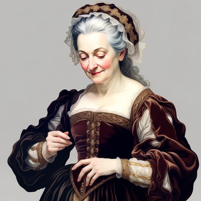 Elderly woman sewing in Renaissance dress