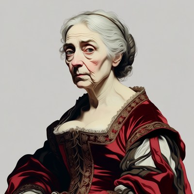 Elderly woman in red baroque gown