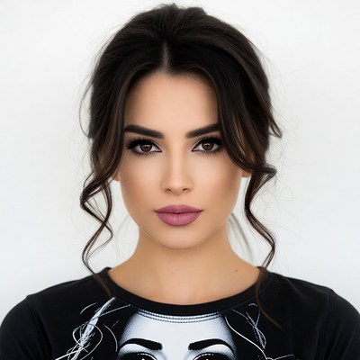 Woman in black graphic t-shirt portrait