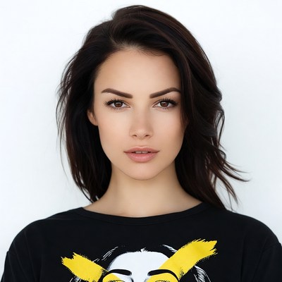 Woman in black t-shirt with yellow face print