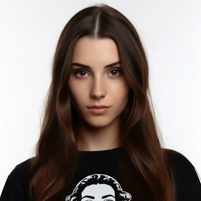 Woman with portrait print shirt