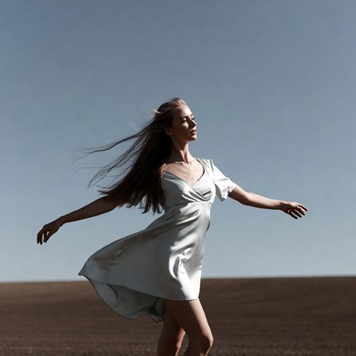 Woman in flowing dress dancing in field