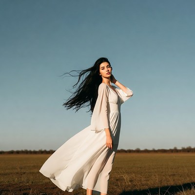 Asian woman in white dress in field