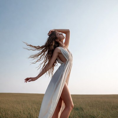 Woman in white dress dancing in field
