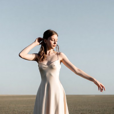 Woman in white slip dress in field