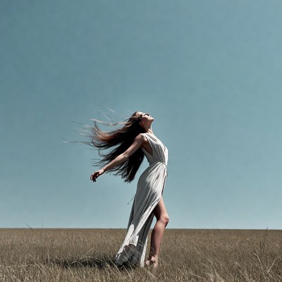 Woman in white dress arms outstretched in field