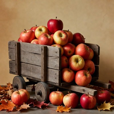 Red Apples in Wooden Cart
