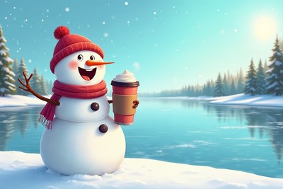 Snowman holding coffee cup