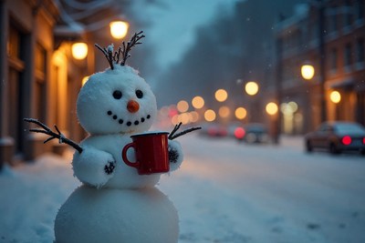Snowman holding red mug on snowy street