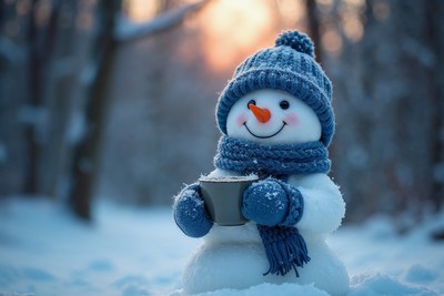 Snowman holding mug in snowy forest