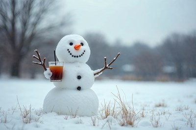 Snowman holding iced coffee drink