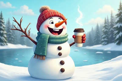 Snowman holding coffee cup