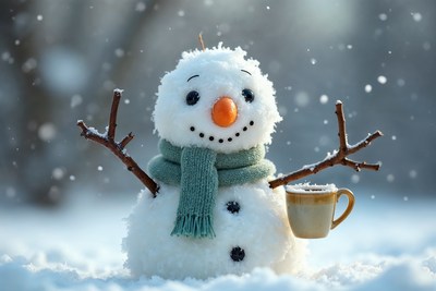 Snowman holding coffee mug