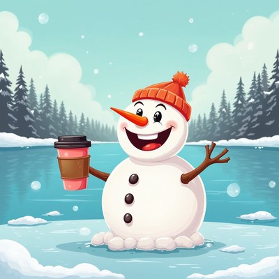 Snowman holding coffee cup