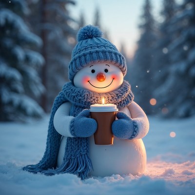 Snowman holding coffee in snowy forest