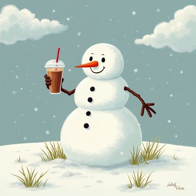 Snowman holding iced coffee drink
