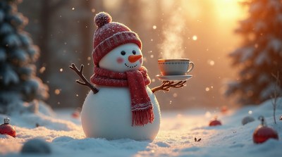 Snowman holding teacup in snowy forest