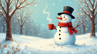 Snowman holding steaming mug