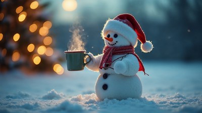 Snowman holding steaming mug