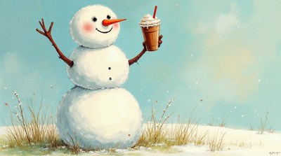 Snowman holding iced coffee drink