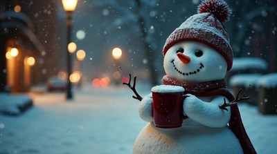 Snowman holding red mug in snowy street